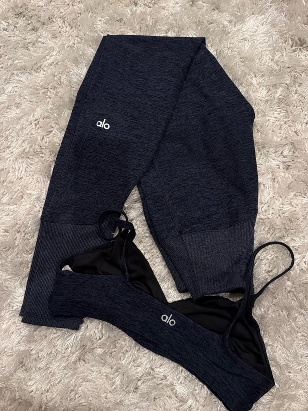 ALO Yoga Dark Navy Heather and black Leggings with sports bra
